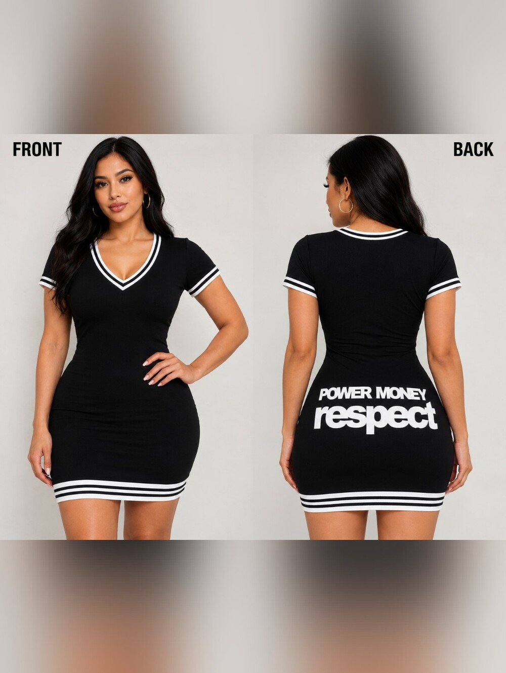 PMR BRAND Black V-Neck Mini Dress with White Trim and Back Text